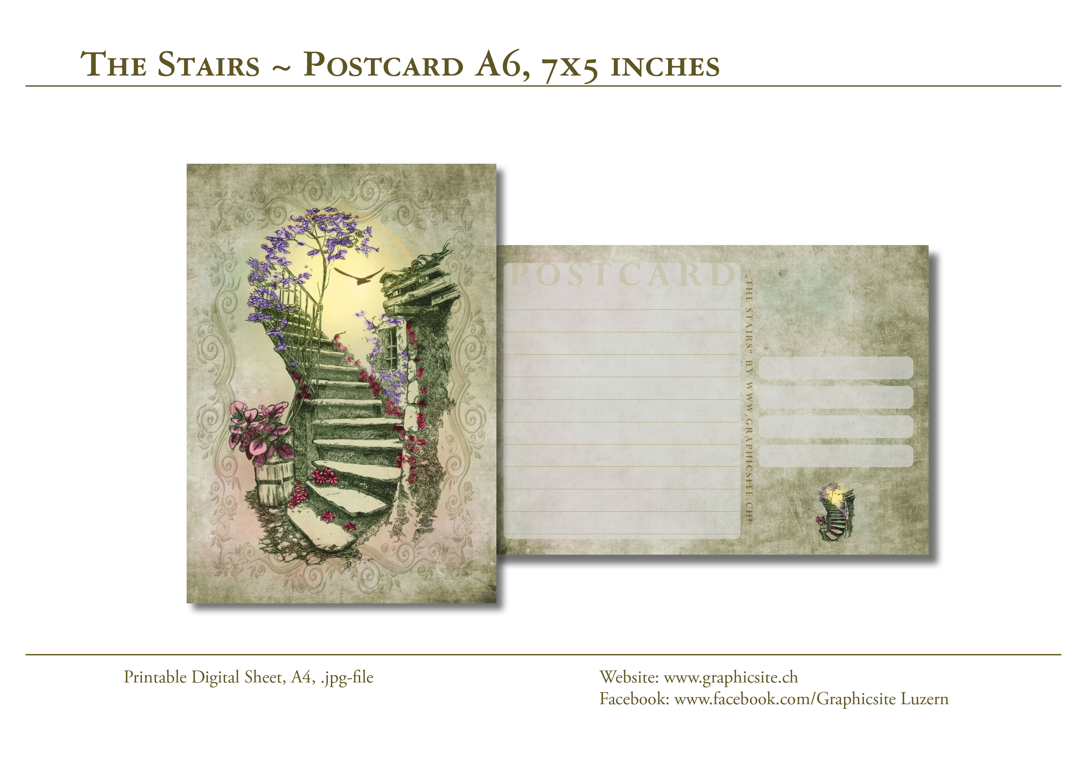 Printable Digital Sheets, Postcard A6, Architecture, Stairs, flowers, 